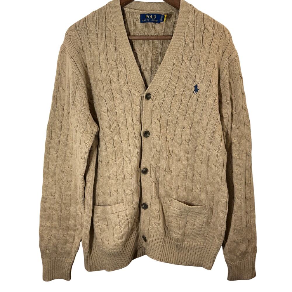 Polo Ralph Lauren Cotton Cable Cotton Camel TanCardigan Sweater Size Large - Picture 1 of 13